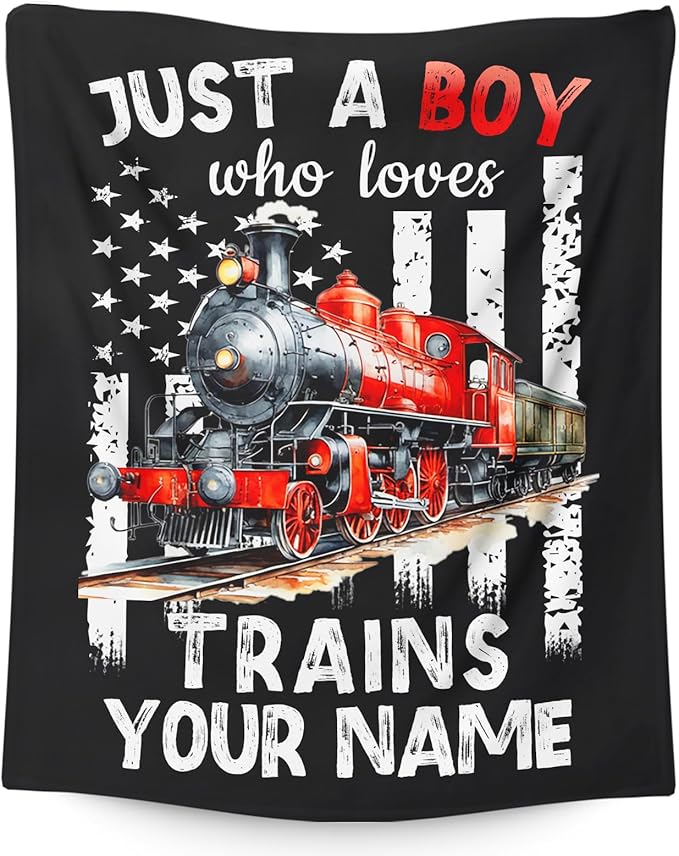 Personalized Train Blanket for Boys Men - Cute Throw Blanket Gifts for Kids Cars Lovers - Custom 60x80 Inches Black Soft Car Blankets for Sofa Couch - Trains Stuff Bedroom Decor