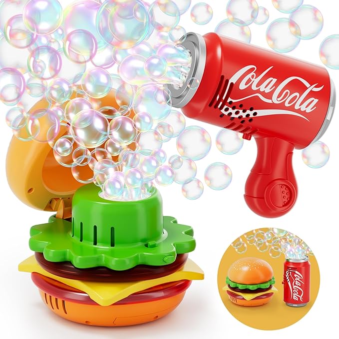 Burger & Cola Bubble Machine Combo W/Bubble Gun, 10 Bubble Solution Packs, Kids Automatic Bubble Blower Toy W/Music & Light, Handheld & Tabletop Bubble Maker, Gift for Birthday, Party Outdoor Fun