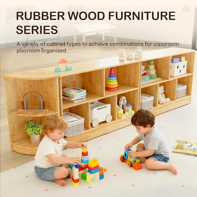 wingyz Montessori Bookshelf Rubber Soild Wood, 5-Section Wooden Storage Cabinet, 2 Shelf Bookcase Toy Storage Organizer, 35.4" L Montessori Shelf for Kids Rooms Classroom Nursery Daycare, Child-Safe