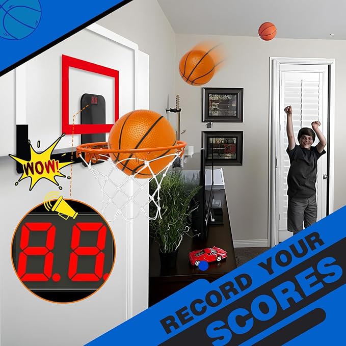 TOY Life Basketball Hoop Indoor with Scoresboard Basketballhoop for Kids Over The Door Mini Hoops for Teens and Adults Door Room Office Goal with 4 Balls