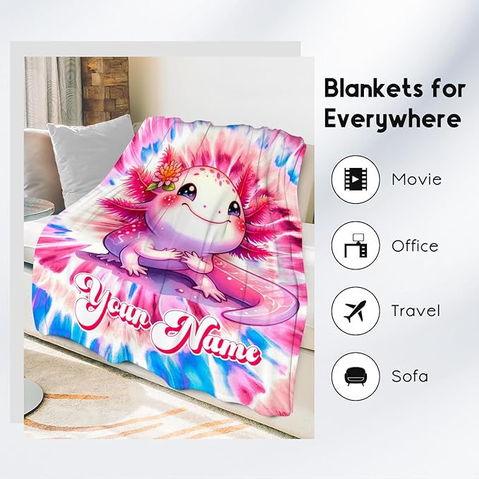 UNIKITTY Axolotl Blanket, Girls Blankets Gifts for Kids, Custom Tie Dye Throw for Toddlers, Personalized Cozy Fleece Throws for Sofa (4 Sizes)