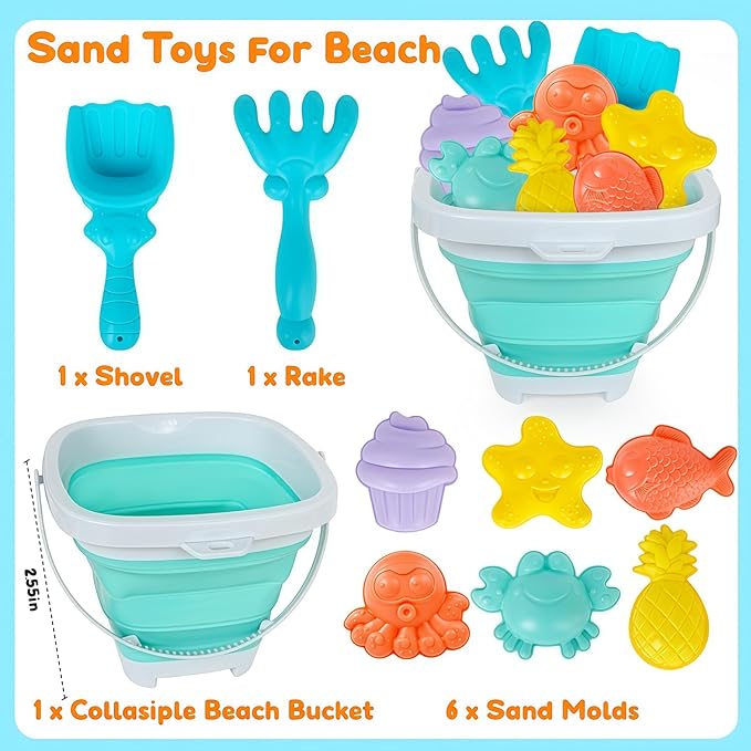 USATDD Beach Toys for Kids with Collapsible Bucket, Sand Molds Rake and Shovel, Collapsible Beach Bucket Travel Sand Toys for Toddlers Kids