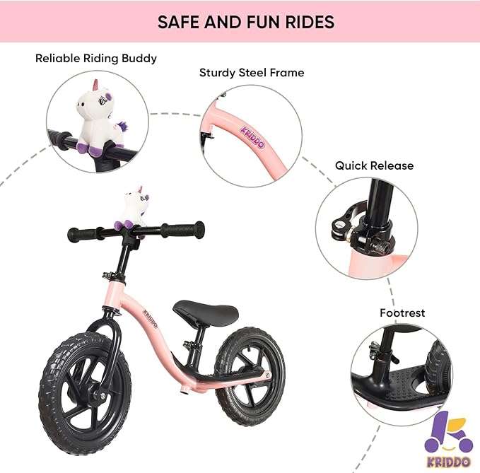 KRIDDO Toddler Balance Bike 2 Year Old, Age 24 Months to 5 Years Old, Early Learning Interactive Push Bicycle with Steady Balancing, Gift Bike for 2-5 Boys Girls, Pink