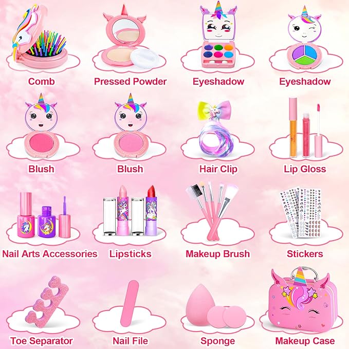 Little Girls Makeup Kit, Pretend Make Up for Kids, Princess Play Makeup Set, Toddler Toy Real Washable Cosmetic Set & Nail Kit Birthday Gift for Ages 3 4 5 6 7 8 9 10-12 Year Old, Bright Pink