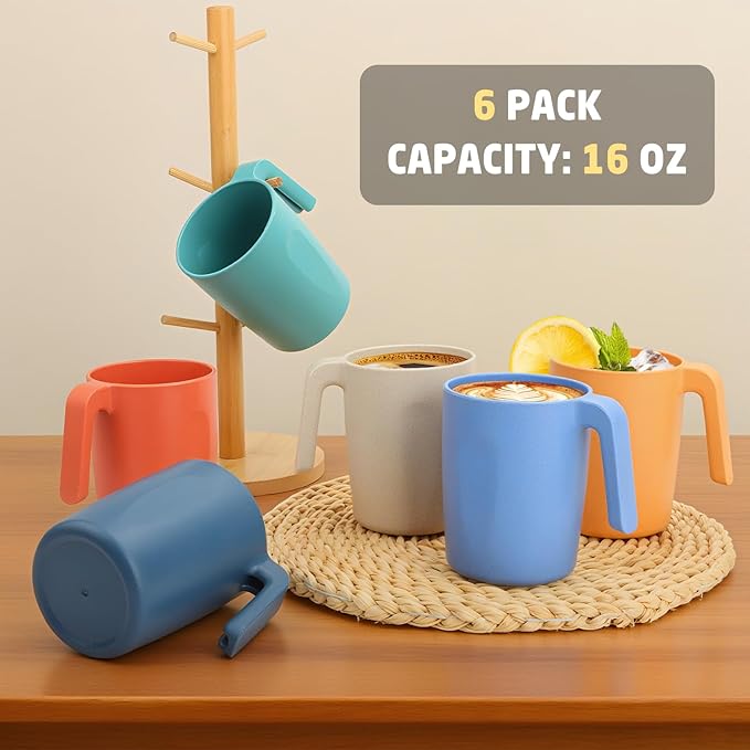 Wheat Straw Coffee Mugs Set of 6, Plastic Coffee Cups 16 OZ, Microwave and Dishwahser Safe Plastic Mugs with Handles, Unbreakable Camping coffee Mugs for Tea, Kitchen, RV - Multicolor