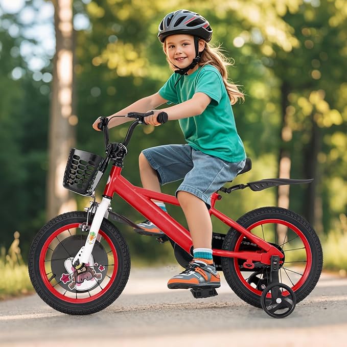 BABY JOY Rabbit Pilot Sporty Kids Bike, 12 14 16 18 Inch Child Bike for 3-8 Years Old with Adjustable Height, Training Wheels, Storage Basket, Handbrake & Coaster Brake, Kids Bicycle for Girls Boys