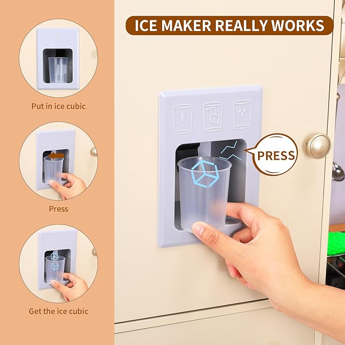 Arlopu Play Kitchen for Kids, Wooden Toy Toddler Kitchen Sets, Pretend Cooking Playset with Storage & Accessories, Realistic Light & Sound, Stove, Fridge, Microwave, Removable Sink (Beige)