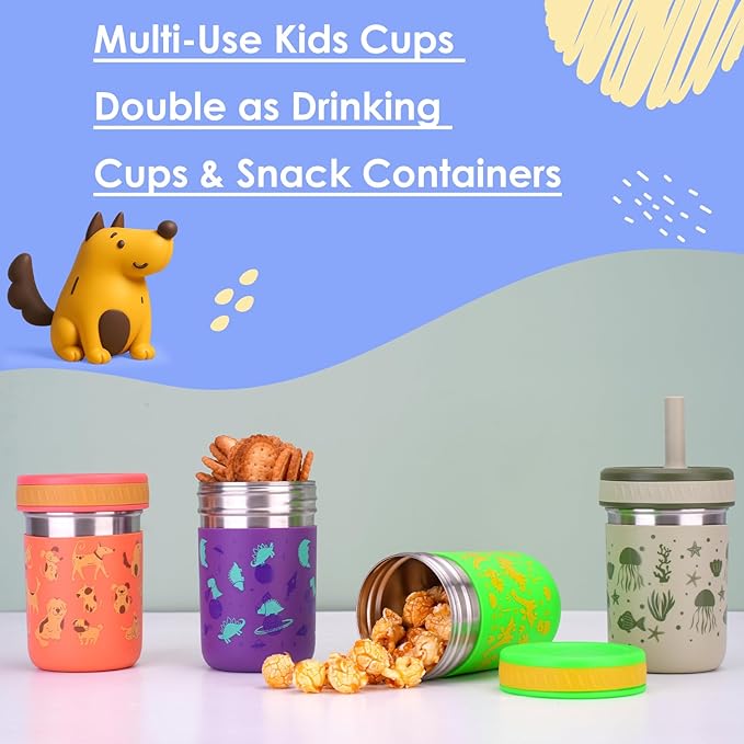 Sursip 10 oz Stainless Steel Toddlers Sippy Cups with Straws | Spill-Proof Tumblers Drinks & Snacks, Smoothie Cups for Kids, BPA-Free, Dishwasher Safe