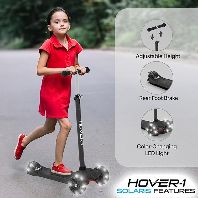 Hover-1 Solaris Kick Scooter with Multicolor Wheel Lights, 4.5” Front Wheels, Rear Foot Brake, and 110 Pound Weight Capacity