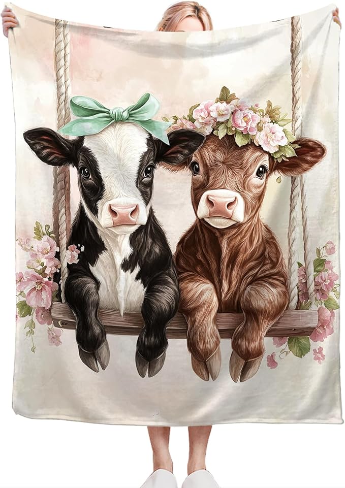 Cute Ultra Soft Cozy Swing Blanket - Fleece Fuzzy Plush Cattle Cow Lovers Decor Gifts for Women Girls Adults - 60"x50"