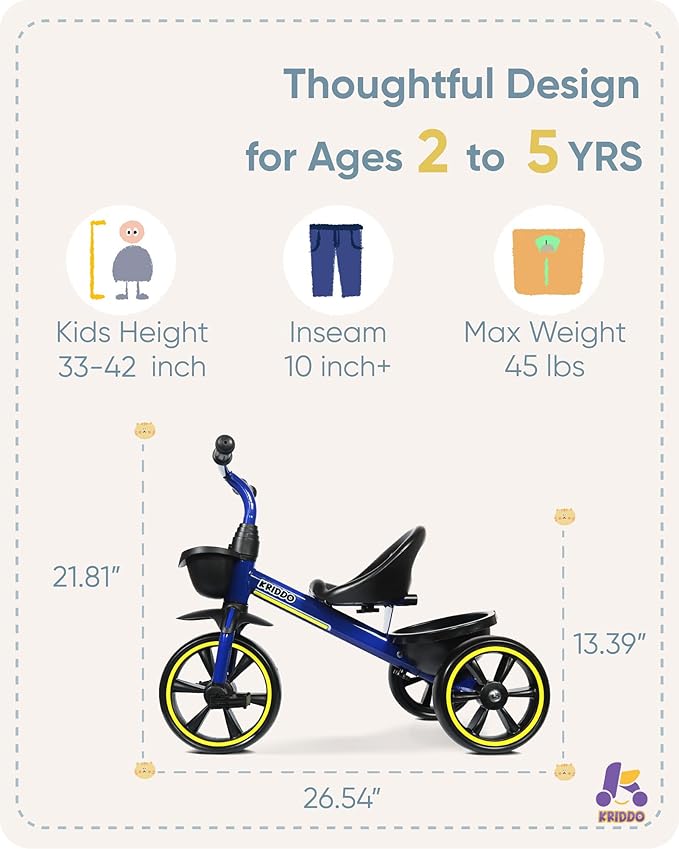 KRIDDO Kids Tricycles Age 24 Month to 4 Years, Toddler Kids Trike for 2.5 to 5 Year Old, Gift Toddler Tricycles for 2-4 Year Olds, Trikes for Toddlers, Blue