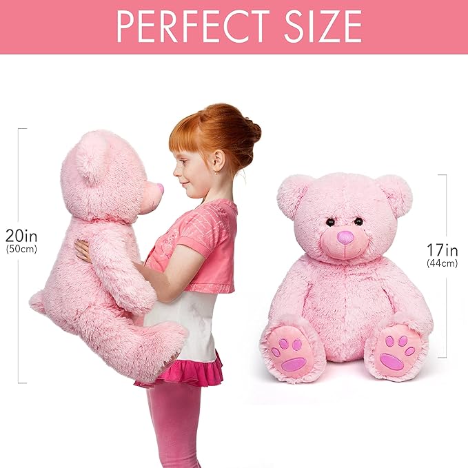 LotFancy Teddy Bear Stuffed Animals, 20 inch Pink Stuffed Bear, Cute Plush Toy with Footprints, Plushies for Kids Baby Toddlers on for Girlfriend, Easter Decoration