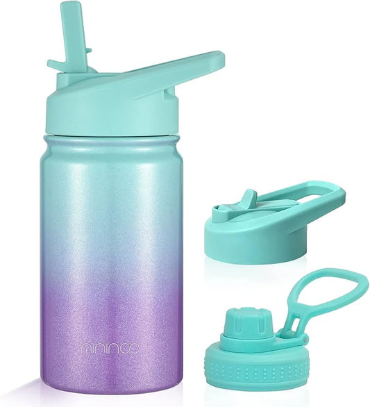 Mininoo Insulated Kids Water Bottle, 12 oz Stainless Steel Water Bottle Kids with Straw Lid and Chug Lid for Girls, Boys (Aurora)