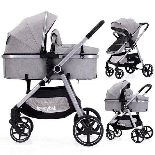 2-in-1 Baby Stroller - Folding Infant Newborn Pram Stroller with Reversible Seat - Toddler Strollers for 0-36 Months Old Babies (Grey)