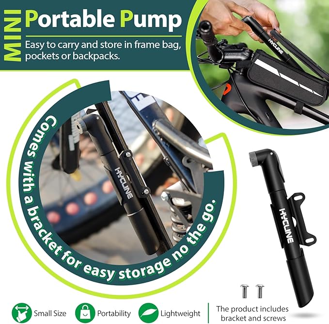 Hycline Mini Bike Pump - 120 PSI Portable Bicycle Frame Pump for MTB BMX Road Tires, Air Ball Pump Inflator with Ball Pump Needles Fits Presta & Schrader Valve