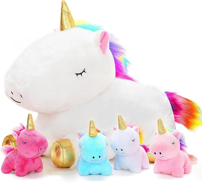 KIZZYEA Toys for Girls Ages 0 1 2 3 4 5 6 7 8+ Years, Unicorn Plush Toys Set, Soft Unicorn Mommy Stuffed Animal with 4 Baby Unicorns in Her Tummy, Birthday for Baby, Toddler, Kids