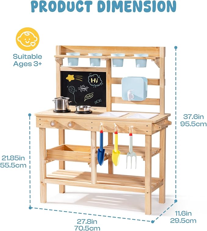 ROBOTIME Mud Kitchen for Kids Outdoor, Wooden Outdoor Play Kitchen with Accessories, Kid Kitchen Playset for Backyard Pretend Cooking or Planting, Toy Kitchen for Imaginative Play Boys Girls Ages 3+
