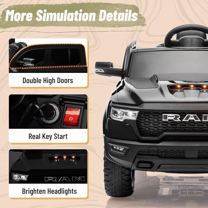 Ram 1500 Ride on Toys for Kids 4-8, Ride on Pickup Truck for Toddlers with Remote Control,12V Battery Powered Car with Trunk, Bluetooth, Music, Safety Belt (Black)