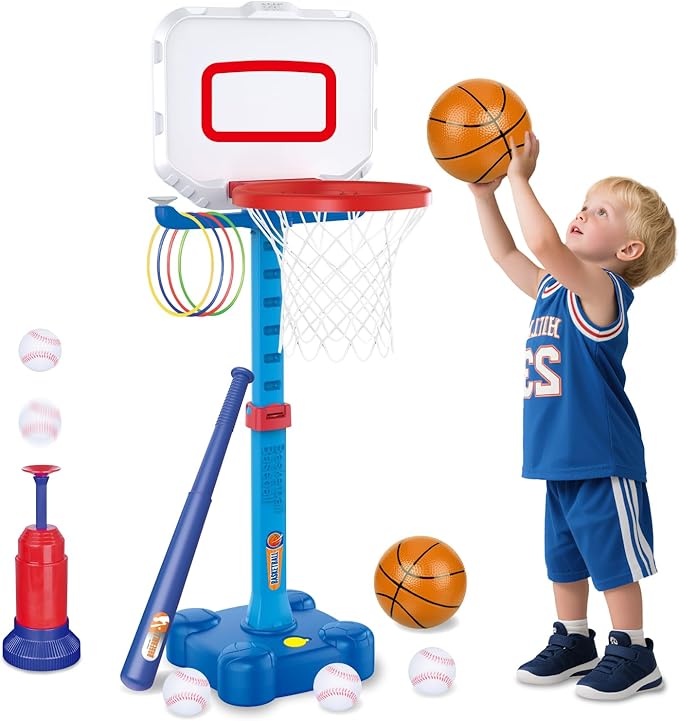 Toddler Basketball Hoop & Baseball Toy Set - Sturdy Adjustable Basketball Stand with Ball Launcher - Multi-Sport Backyard Toy for Boys & Girls Ages 1 2 3 - Includes Basketballs & Baseballs