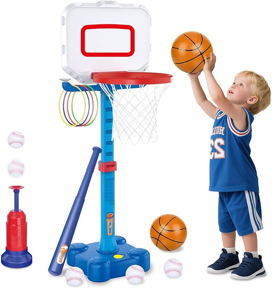 Toddler Basketball Hoop & Baseball Toy Set - Sturdy Adjustable Basketball Stand with Ball Launcher - Multi-Sport Backyard Toy for Boys & Girls Ages 1 2 3 - Includes Basketballs & Baseballs
