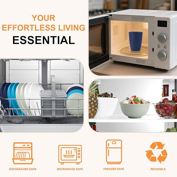 Wheat Straw Dishes Sets for 8, Reusable Plastic Dinnerware Sets 32-Piece, Plates Set, Bowls Set, Tumblers, Microwave Safe Plate and Bowl Set for Dinner,Kitchen, Camping - Island Series