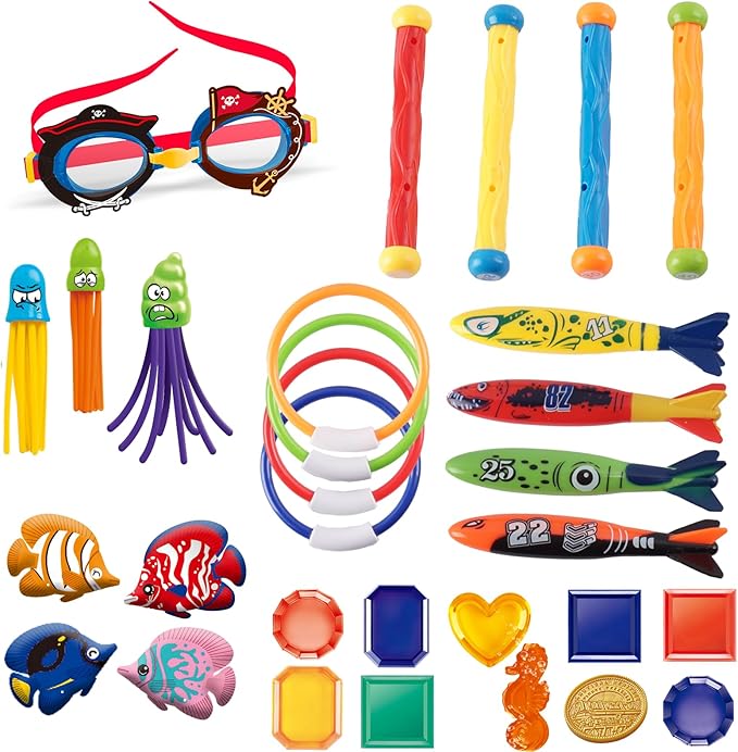 LITTLE FROGGY Kid’s Diving Set with 30 Pcs Diving Toy Kit Perfect for Pool, Beach, Water Parks, for Swimming Training & Water Games for Boys Aged 3-12 (Pirate)