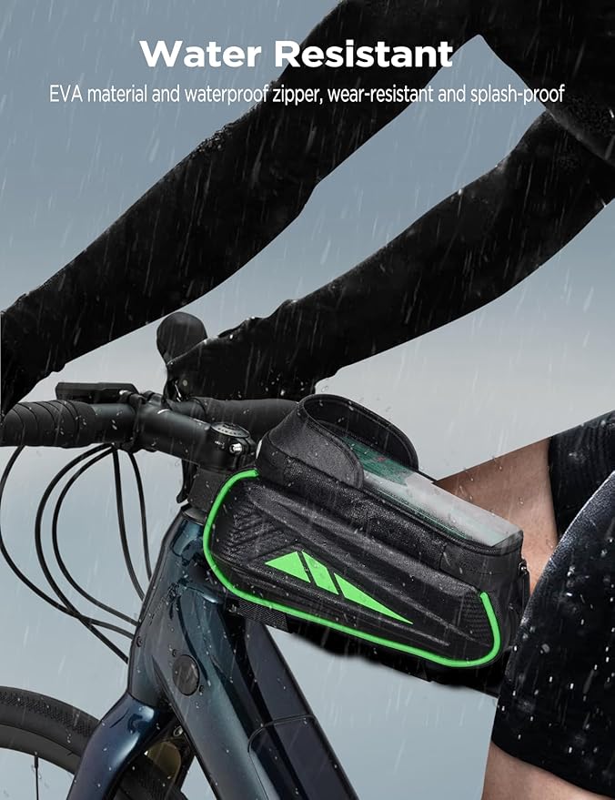 Bike Phone Holder Bag, EVA Waterproof Bicycle Front Frame Bag, Bike Accessories Cycling Pouch with Sensitive TPU Touch-Screen, Bicycle Phone Mount with Rain Cover for Phone under 7" (Green, 7 inch)