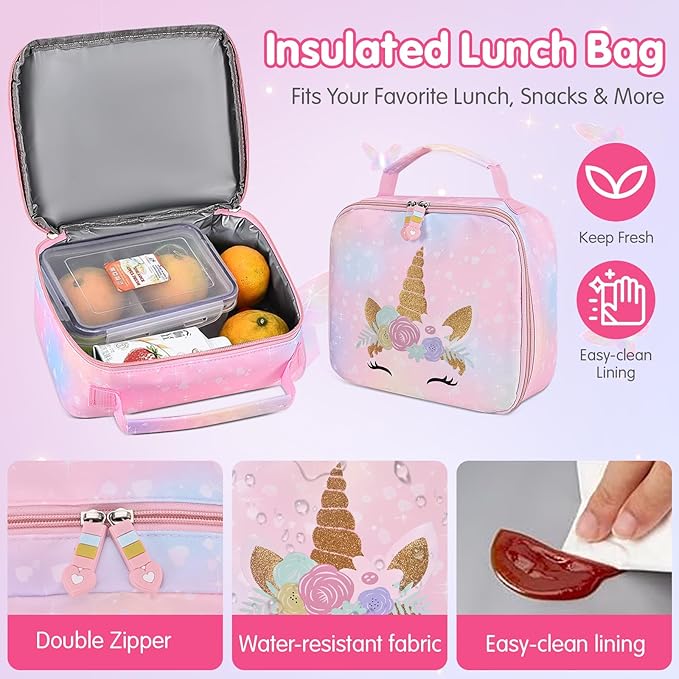 Cokouchyi 3 Pcs Kids Backpack Set with Lunch Box & Pencil Case, Lightweight Preschool Backpack for Girls Age 3-8, Kids Book bag Elementary, Unicorn