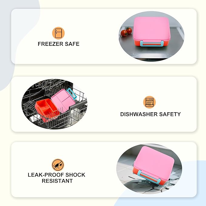 Bento Lunch Box for Kids with Thermos, Leakproof Bento Box with 8oz Insulated Food Jar, Insulated Bottle, Lunch Bag, BPA Free Dishwasher Safe 4 Compartment Container for School Girls Boys (Pink)