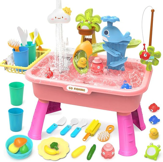 21" H Play Sink with Running Water, 4-in-1 Kids Kitchen Sink Toy with Electric Faucet, Mini Water Table with Detachable Legs, Fishing Game, Pretend Play Dishwasher Gift Set for Boys & Girls(Pink)