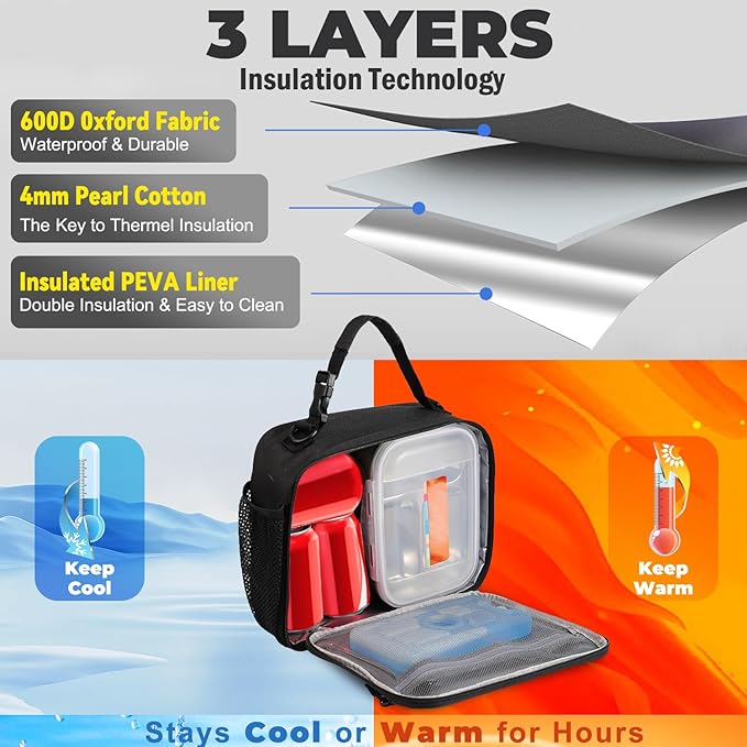 Kids Lunch Box Kids Lunch Bag for Girls Boys, Insulated Lunch Bag for Men with Shoulder Strap, Small Lunchbox for Girls School Travel Picnic (Black)