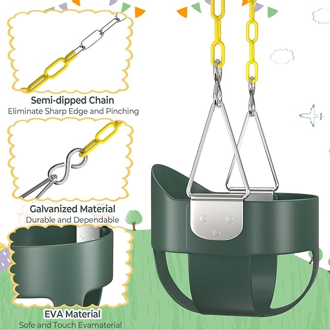 AGPTEK High Back Full Bucket Toddler Swing Seat Infant Swing with Yellow Coated Swing Chains and Carabiners Baby Swing Outdoor for Easy Install(Green)