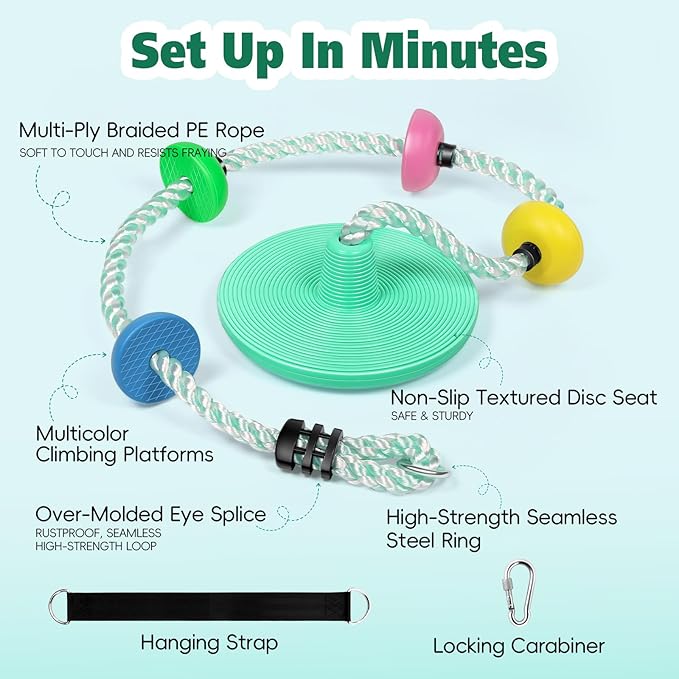 ZNCMRR Tree Swings for Kids Outdoor Rope Swing for Tree Climbing Rope for Kids Disc Swing for Kid Outdoor Swing Set Accessories Playground Accessories Swings for Swing Set(Candy Green)