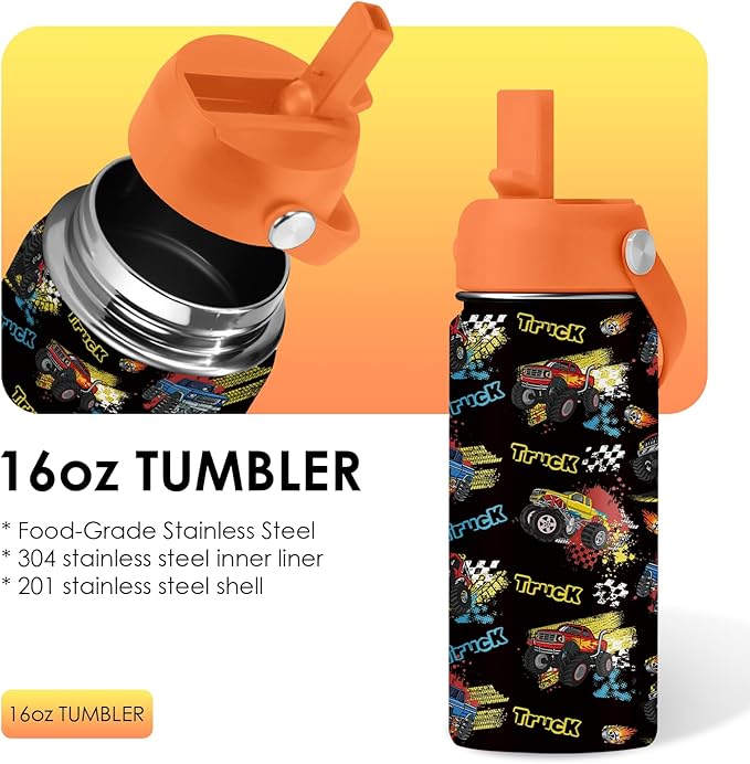 Truck Gifts for Kids - 16 Oz Kids Water Bottle with Straw Lid, Stainless Steel Insulated Tumbler, Leak Proof, BPA-Free, for Girls, School, Travel - Truck Lovers Children Birthday Gifts Cups(1pc)