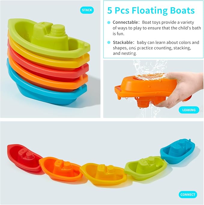 Baby Bath Toys for Toddlers, 15 PCS Mold Free Bathtub Water Play Toys with Rainbow Color Floating Boats Spoons and Silicone Sensory Bath Toys, Water Table & Pool Toys for Babies and Toddlers