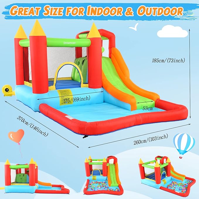 Bounce House,Inflatable Bounce Castle with Blower for Kids 3-12,Outdoor/Indoor Bouncy House Water Park for Backyard with Splash Slide,Climbing Wall,Ball Pit,Jumping Area (146" x 103" x 73")