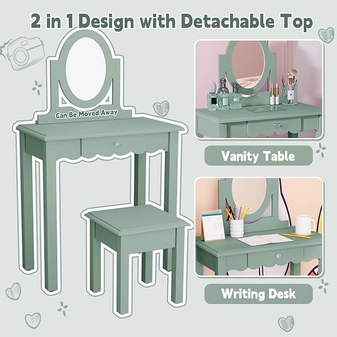 HLR Kids Vanity,Little Girls Vanity Set with Mirror and Stool,Wooden 2 in 1 Princess Makeup Desk Dressing Table with Detachable Top, Toddler Vanity Dresser Set with Drawer for Little Girls,Green