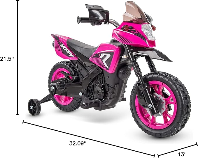 Huffy Ride on Motorcycle for Kids, Ideal for Ages 3-7 Years Old, 6V Ride On Motorcycle, Training Wheels, Realistic Engine Sounds, Simple Wall Charger, Max Weight 65lbs, 2 MPH, Pink