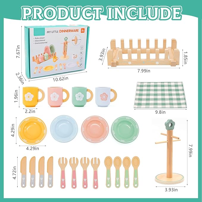 Wooden Play Kitchen Accessories Set with Detachable Dish Rack and Utensil Holder - Complete Set for Toddlers 3-5, Includes Plates and Cups, Colorful Cutlery for Pretend Play, Ideal Gift