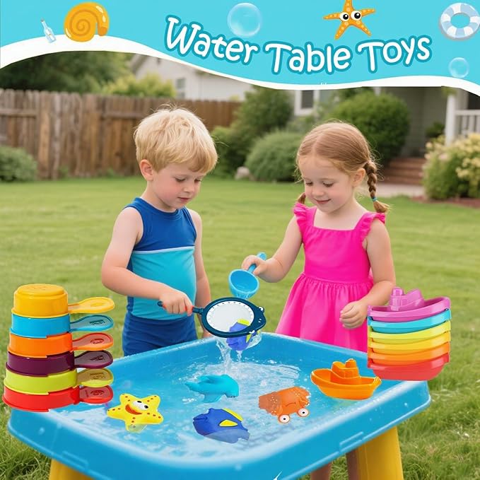 17 PCS Baby Bath Toys for Kids Ages 1-3, Mold Free No Hole Bathtub Toys with Floating Boats, Bath Spoons & Shark Net, Water Table Toys for Pool, Beach, Shower, Bath Toys for 2 3 4 Year Old Boys Girls