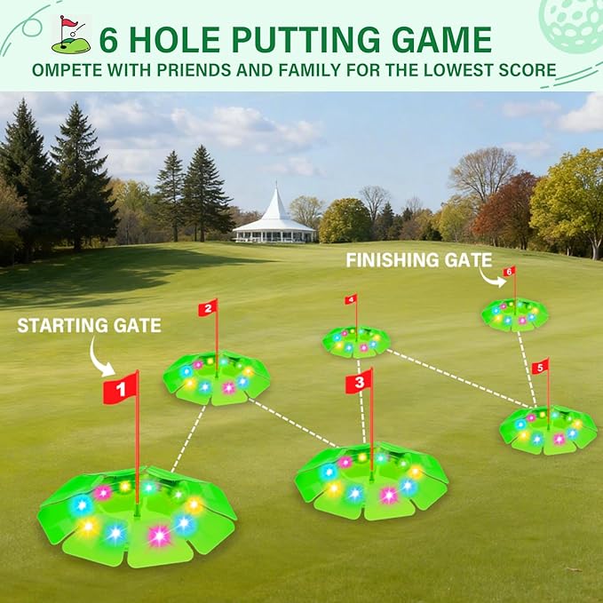 Light Up Golf Play Set - Upgraded Kids Toy Golf Putting Game Set with 6 LED Targets, 2 Clubs, 6 Balls (2 Glow), Night Golf Toys Gifts for Kids Golfers Family Indoor Outdoor Beach Lawn Park