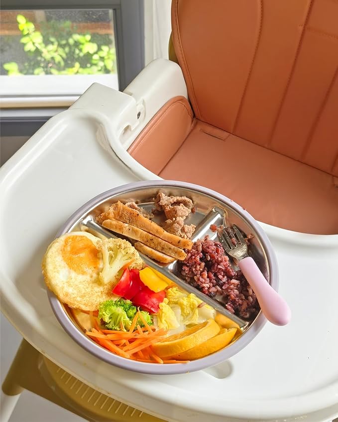 Stainless Steel Suction Plates for Toddlers, 8" Divided Kids Baby Plates with Removable Silicone Suction, Non Toxic Non Slip Portion Control Snack Dishes 3 Packs, Pink Beige Lilac