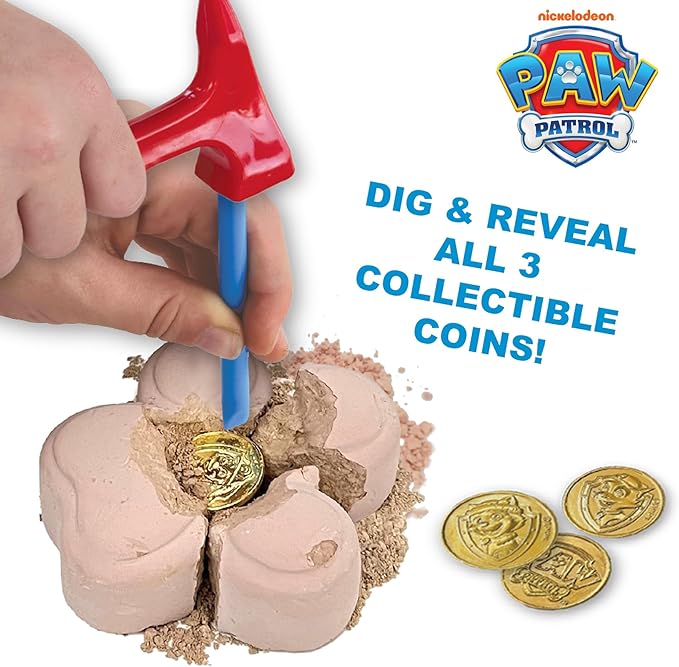 PAW Patrol Dig-Up Treasures Kit – 3 Dig Blocks with Hidden Golden Coins – Includes Chisel, Brush, Hammer & Magnifying Glass –STEM Archaeology Toy for Kids Ages 6+