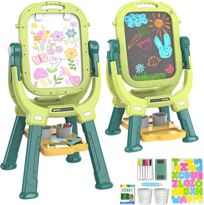 Easel for Kids, Toddler Art Easel Adjustable Standing, Magnetic Double Sided Easel with Painting Accessories Gift for Boys and Girls (Green)