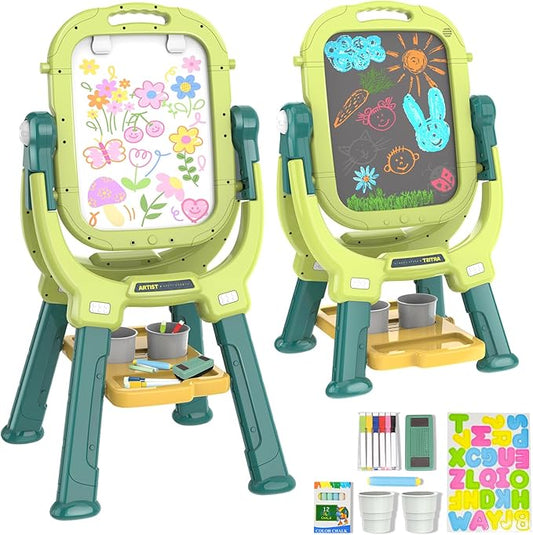 Easel for Kids, Toddler Art Easel Adjustable Standing, Magnetic Double Sided Easel with Painting Accessories Gift for Boys and Girls (Green)