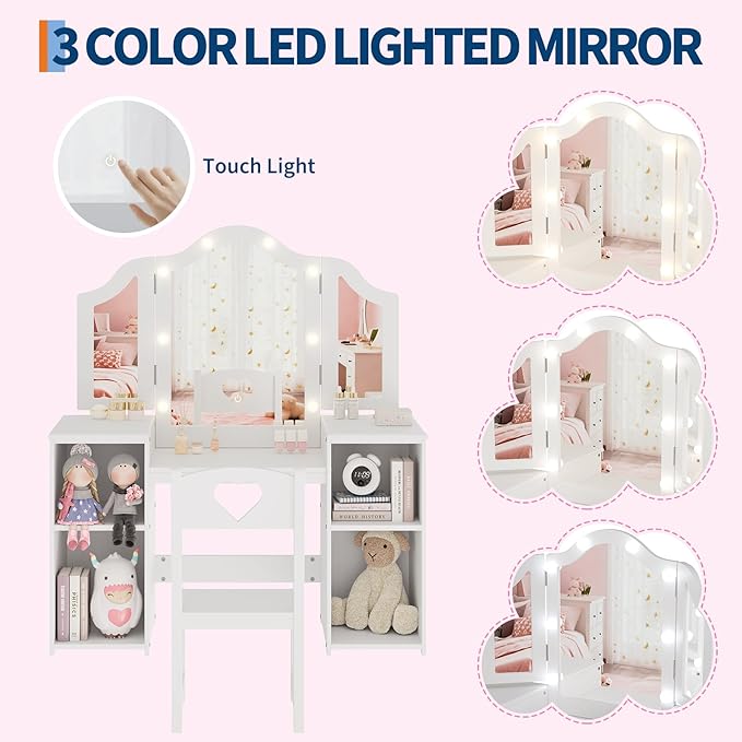 Kids Vanity with Lights,Princess Makeup Desk and Chair with Tri-Fold Mirror,Open Bookshelf, Storage Cabinet,Toddler Vanity,Pretend Play Dressing Table for Little Girls,White