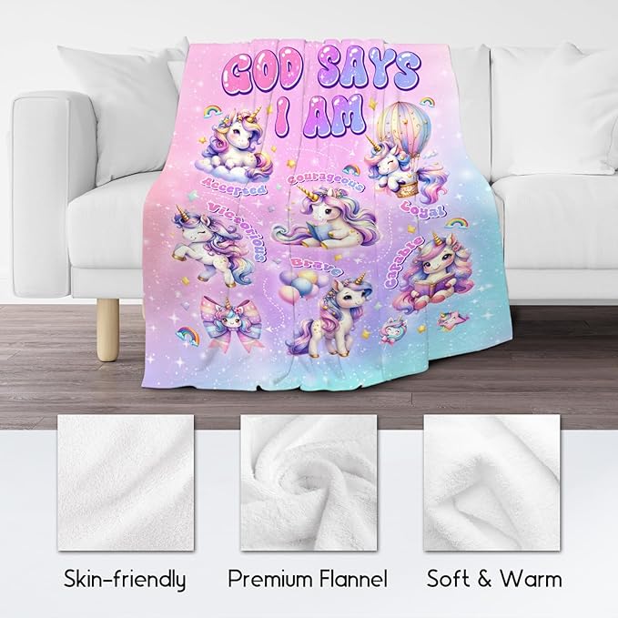 Unicorn Fleece Blanket for Women & Kids, God Says I Am - Soft Plush, 30"x40"