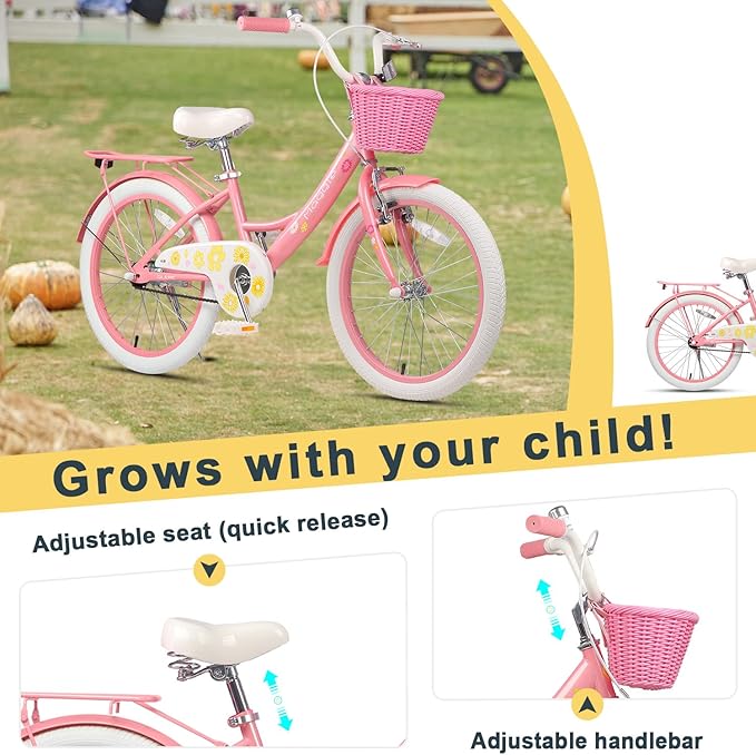 Glerc Maggie Girls Bike, 12-20 Inch Kids Bike for 2-13 Years Old Children, Princess Style Kids Bicycle with Doll-Seat & Basket & Training Wheels, Multiple Colors