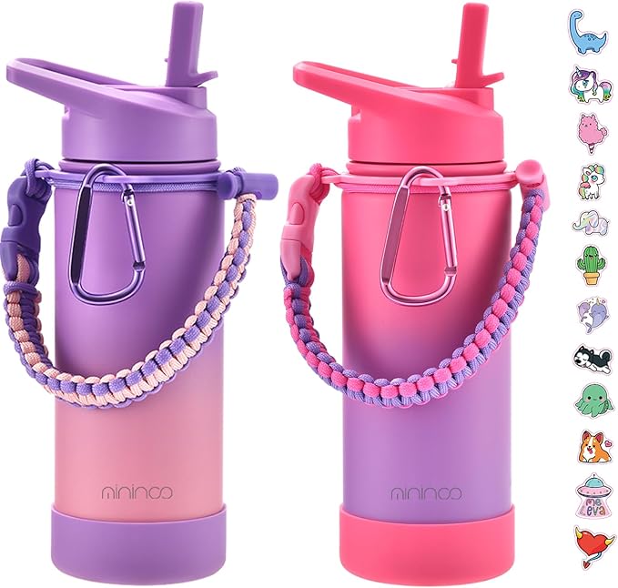 Mininoo Insulated Kids Water Bottle, 16oz Stainless Steel Water Bottle Kids with Paracord Handle for Girls, Boys (2 Pack)
