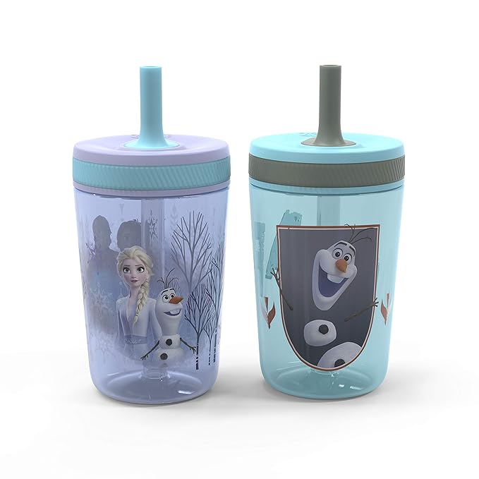 Zak Designs Disney Frozen II Movie Kelso Tumbler Set, Leak-Proof Screw-On Lid with Straw, Made of Durable Plastic and Silicone, Perfect Bundle for Kids (Frozen 2 Olaf, 15 oz, 2pc Set)